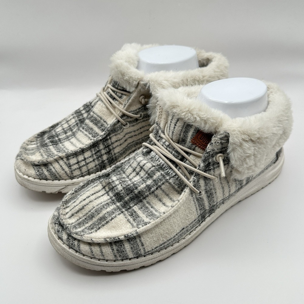 Hey Dude Wendy Fold Boot Plaid Cozy Boots Womens‎ Size 8 Gray Faux Fur Winter